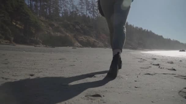 Mujer Joven Caminando Playa Día Soleado Cerca — Vídeos de Stock