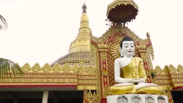Статуя Будды Сидящей Перед Храмом Пагоды — стоковое видео