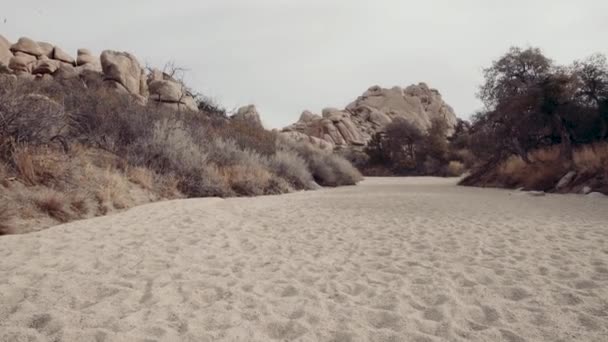 Langsames Weitwinkelbild Das Über Einen Sandigen Wanderweg Zwischen Den Felsformationen — Stockvideo