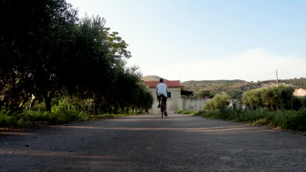 Montar Bicicleta Sendero Cerca Plantación Olivos Dirección Calle Principal — Vídeos de Stock