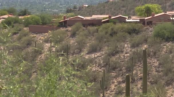 Odchyl Się Pustyni Domów Stylu Rancza Pobliżu Tucson Arizonie Góry — Wideo stockowe