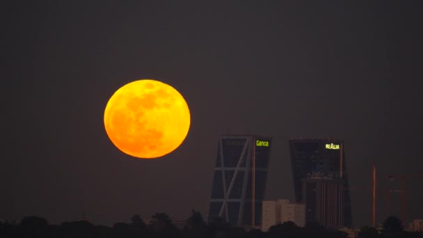Holdfogyatkozás Szuperhold Emelkedik Magas Épületek Madridban Városkép Timelapse — Stock videók