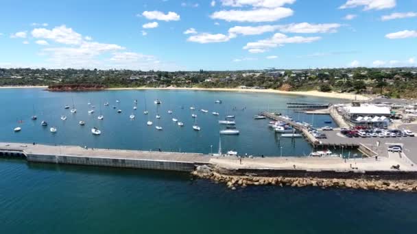 Acercándose Puerto Deportivo Con Impresionantes Disparos Drones — Vídeos de Stock