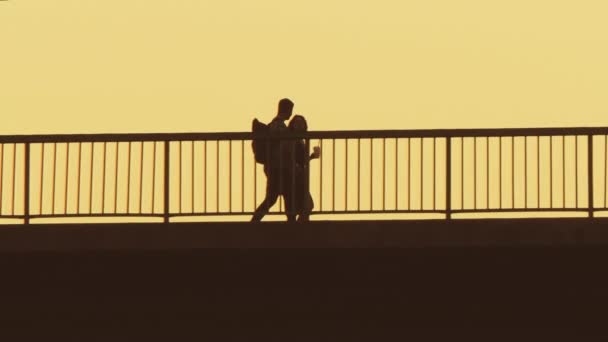 一对夫妇走在桥上 人们骑自行车在美丽的落日下 瑞典斯德哥尔摩 以慢镜头拍摄 — 图库视频影像