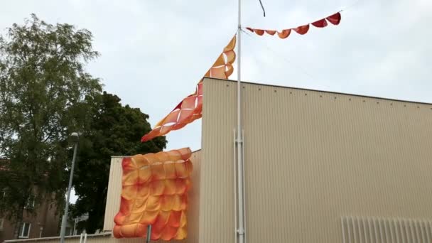 Різнокольорові Прапори Прикріплені Будівлі Махають Вітром Кілометровий — стокове відео