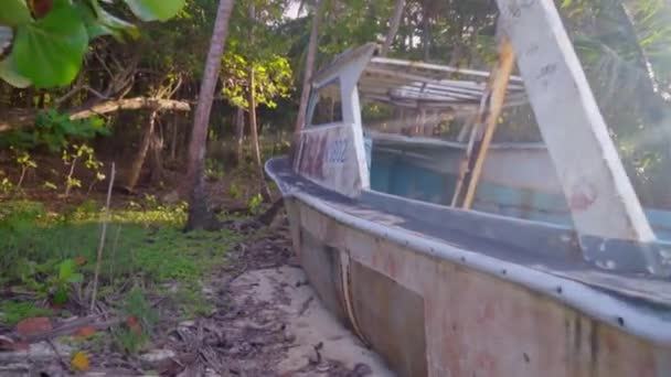 Een Roestige Oude Boot Rustend Het Zandstrand Nabij Jungle — Stockvideo