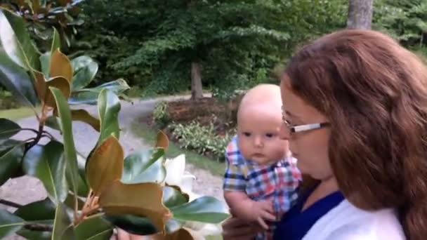 Moeder Met Kleine Baby Jongen Ruiken Bloem Samen — Stockvideo