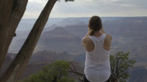 Gran Cañón Mirador Panorámico Con Turista Femenina — Vídeos de Stock