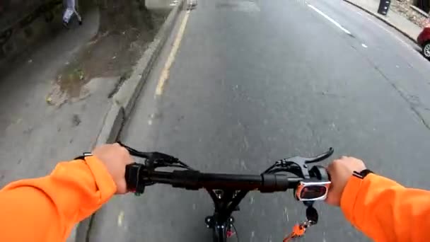 Pov Person Orange Jacket Riding Scooter — Stock Video