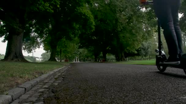 穿着橙色夹克的年轻人在公园里骑电动车寻开心 — 图库视频影像
