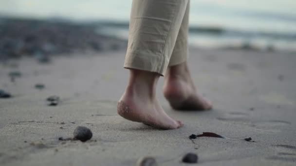 Fille Marche Pieds Nus Sur Sable Vers Mer — Video