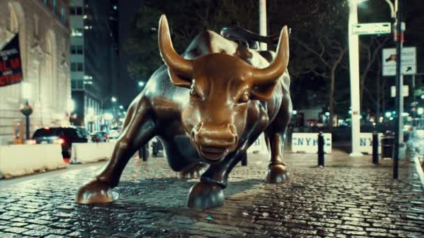 Chuva Cai Sobre Estátua Charging Bull Nova York Noite Câmera — Vídeo de Stock