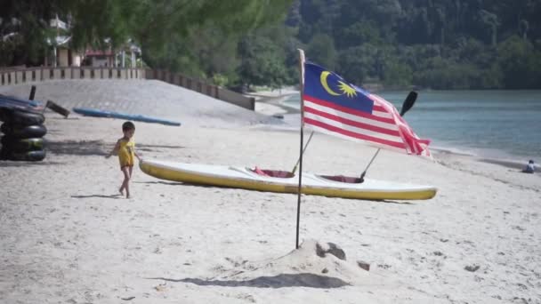 Een Fladderende Nationale Vlag Van Maleisië Met Een Kleine Jongen — Stockvideo