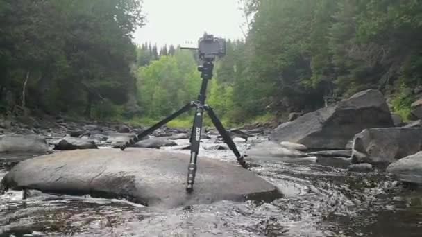 風景を撮影するストリーム内の岩の上に三脚の上にカメラ — ストック動画