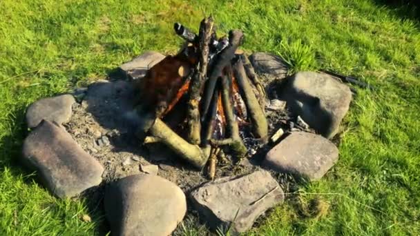 Traditional Campfire Built Daytime Surrounded Green Grass — Stock Video