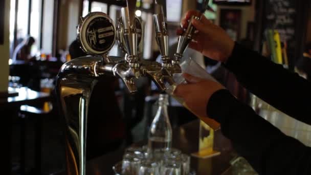Una Jarra Cerveza Vierte Pub Concurrido — Vídeo de stock