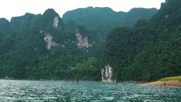 Suda Bambu Teknesini Hareket Ettirirken Yavaş Bir Tavayla Manzarayı Seyreder — Stok video