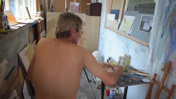 Atelier Schilderij Kunstenaar Kunstenaar Schilderen Canvas Terug — Stockvideo