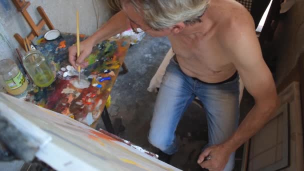 Atelier Schilderen Kunstenaar Kunstenaar Schilderen Canvas Top Shot — Stockvideo