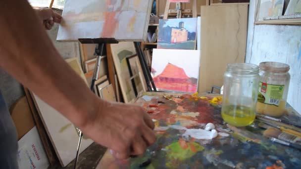 Atelier Painting Artist Färger Och Måleri Tilt — Stockvideo