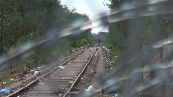 匈牙利2015年9月 难民通过剃须刀铁丝网在远处沿着铁轨行走 — 图库视频影像