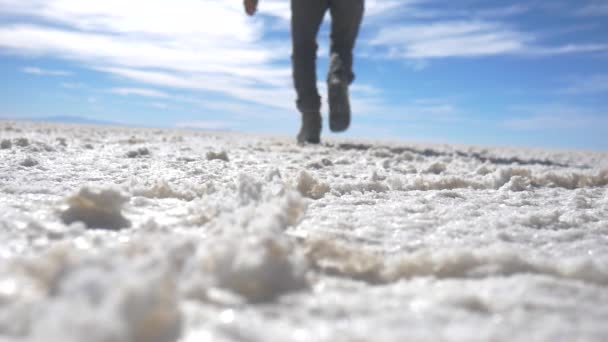 ボリビアのサラー ウユニの塩湖の上を走る旅人 — ストック動画