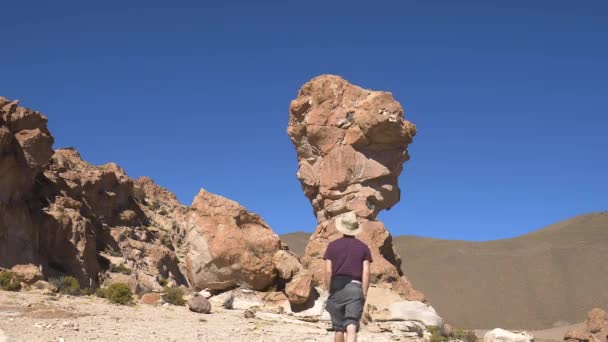 Ein Abenteurer Geht Durch Das Tal Der Felsen Hintergrund Eine — Stockvideo