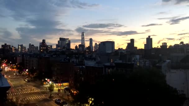 New York City Dwontown Skyline Sonnenuntergang Zeitraffer — Stockvideo