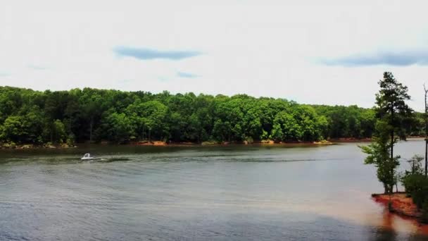 Homme Dans Bateau Sur Une Rivière Entourée Une Forêt — Video