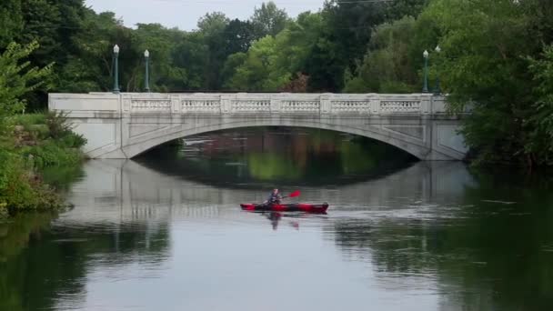 Kajakarz Wykorzystuje Wznoszącą Się Rzekę Yahara Aby Zbliżyć Się Mostu — Wideo stockowe