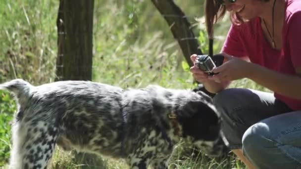 Perro Adoptado Juega Con Una Mujer Refugio Animales Jaulas Vallas — Vídeo de stock