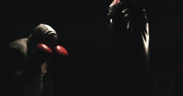 Боксерський Мішок Червоними Рукавичками Темному Середовищі — стокове відео