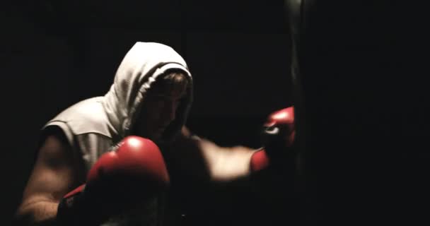 Boxer Punching Bag Red Gloves Dark Environment — Stock Video