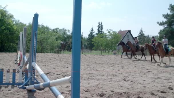 Koně Skáče Stejnou Dobu Mladými Jezdci Zpomalený Záznam — Stock video