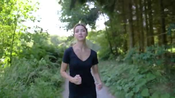 公園をジョギングする黒の上と灰色の運動パンツのブロンドの女性 彼女の長いですブロンドポニーテールバウンドと振れ後ろ彼女 — ストック動画