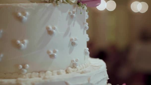 Primer Plano Pastel Boda Blanco Con Diseños Mickey Mouse Flores — Vídeo de stock