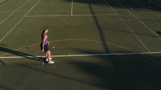Tenis Kortunda Tenis Oynayan Bir Bayan Tenisçinin Hava Görüntüleri — Stok video