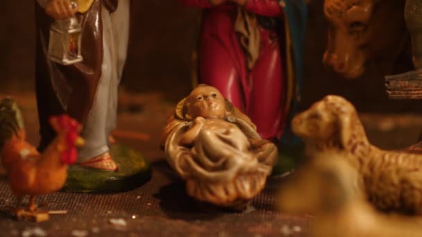 Imagen Estática Una Figura Del Niño Jesús Pesebre Pesebre Navideño — Vídeo de stock