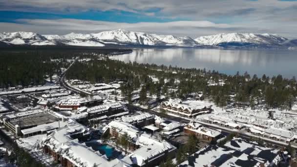 Filmagem Aérea Tempestade Neve Lago Tahoe Califórnia Nevada Eua — Vídeo de Stock