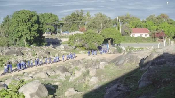 Bambini Tanzaniani Mattino Presto Diretti Scuola Mwanza Sul Lago Vittoria — Video Stock