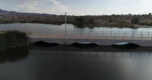 Drone Aereo Colpito Che Vola Sopra Ponte Pedonale Lago Artificiale — Video Stock