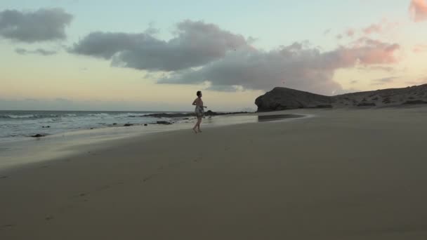 Kumsalda Gün Batımında Mutlu Bir Anda Bir Kadın — Stok video