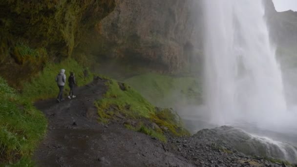 Coppia Prendendo Escursione Dietro Maestosa Cascata Islanda Meraviglia Lussuria — Video Stock