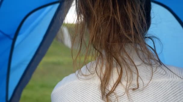 Giovane Donna Che Guarda Fuori Porta Tenda Cascata Islanda — Video Stock