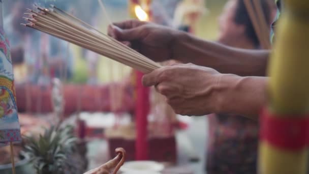 Worshiper Holding Bunch Incense Stick Insert Incense Burner Offering Table — Stock Video