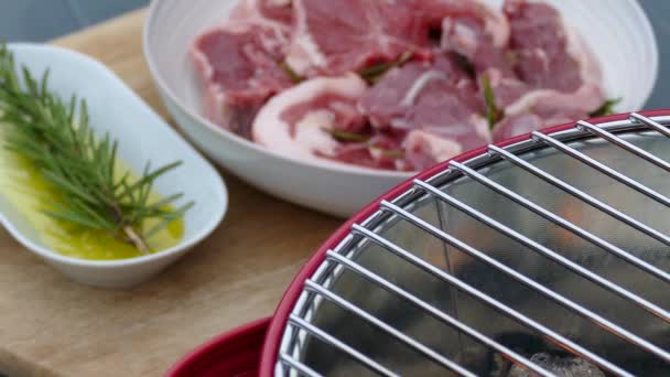 Costolette Agnello Secchio Barbecue Barbecue Barbecue Sale Rosmarino Olio Oliva — Video Stock