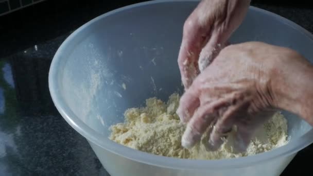 Woman Mixing Butter Flour Large Mixing Bowl Make Pastry Slow — Stock Video