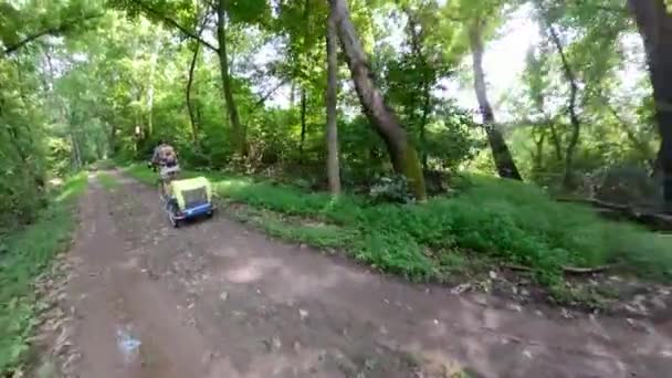 Kamera Yaşlı Bir Adamın Bisiklet Sürüşünü Içinde Köpek Olan Bir — Stok video