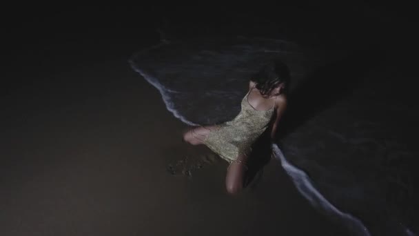 美しいアフリカ系アメリカ人の女の子夜のビーチで優雅なポーズ — ストック動画