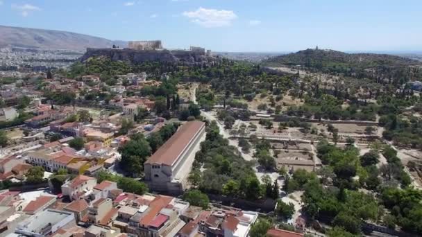 Aerial Agora Ruins Filopappau Hill Muses Acropolis Hilly Horizon — Stock Video